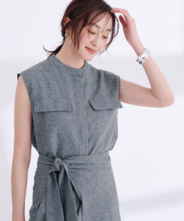 【専用出品】プリスティン　リネンコットンプレーティング　ノースリーブ　トップス リネントップス】大人の夏服 腕まわりをすっきり整える 肩タック入り