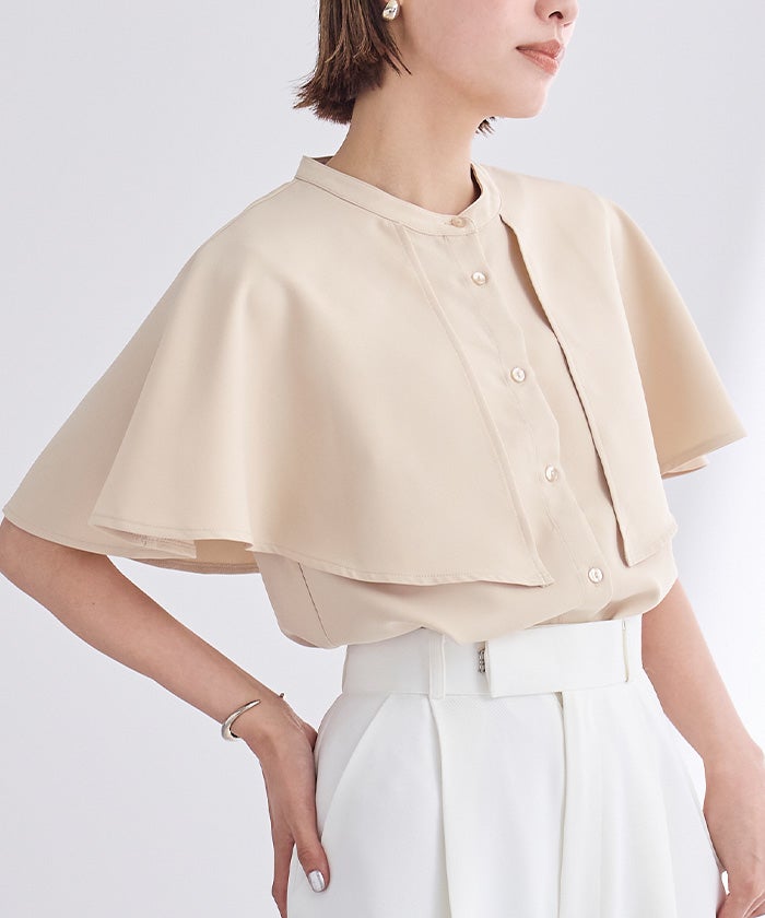 美品✨ビアズリー ケープ ブラウス バンドカラー ブラウス ネイビー バンドカラーケープブラウス | ur's（ユアーズ）
