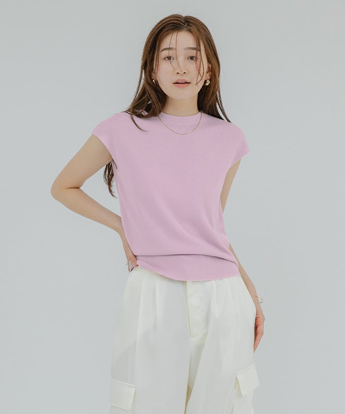 gu３　our   洗えるフレンチスリーブニット　ベージュ プチハイネックフレンチスリーブニット【メール便可／60】 | ur's