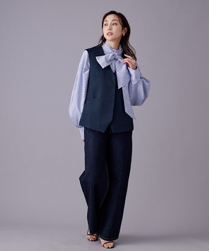 avec deuxclefs ネイビー Vネック ベスト　ジレ M クルーネックジレ - SOÉJU online store｜上質な大人の女性のための
