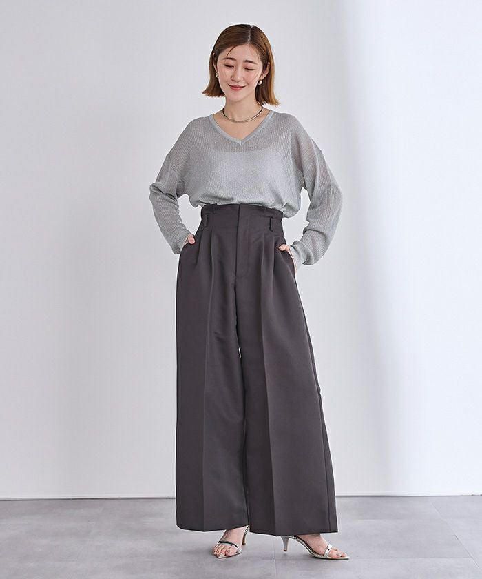 【スミクロ】シアーVネックラメプルオーバー セール】レトロ配色が今っぽ！胸刺繍配色シアー裾ドロストVネック