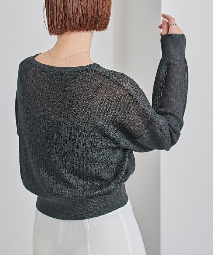 【スミクロ】シアーVネックラメプルオーバー レトロ配色が今っぽ！胸刺繍配色シアー裾ドロストVネックプルオーバー