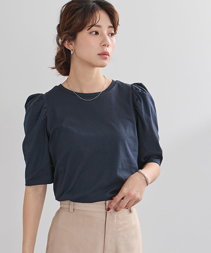 専用★yori パフスリーブ カットソー 36 ネイビー 紺 ブラウス Tシャツ 中古・古着通販】YORI (ヨリ) ボリュームパフスリーブカットソー