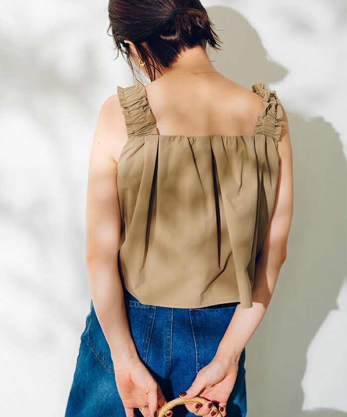 Twistyショルダーフリルトップス、テーパードパンツ上下セット Heart spider setup (pants)