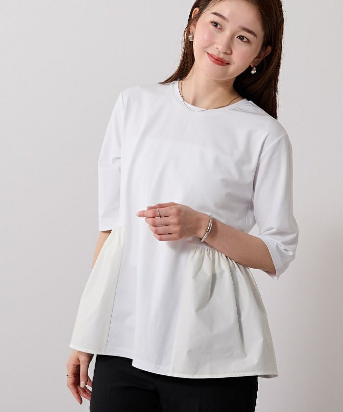 ウエスト切替ギャザーハーフスリーブTシャツ【メール便可／100