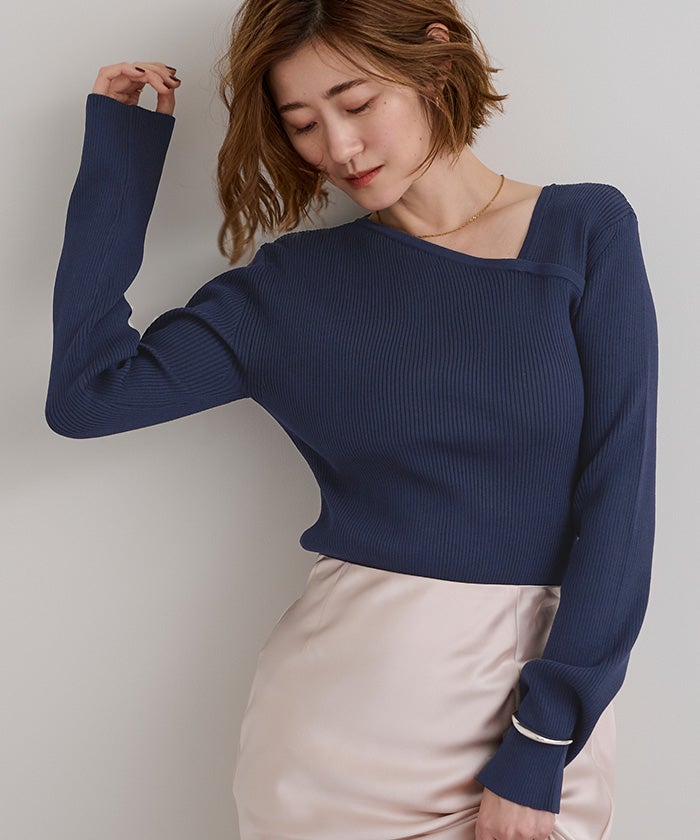 美品♪アドーア アシンメトリー ハイネックリブニット カットソー くすみブルー アシンメトリーネックリブニット【メール便可／100】 | ur's（ユアーズ）