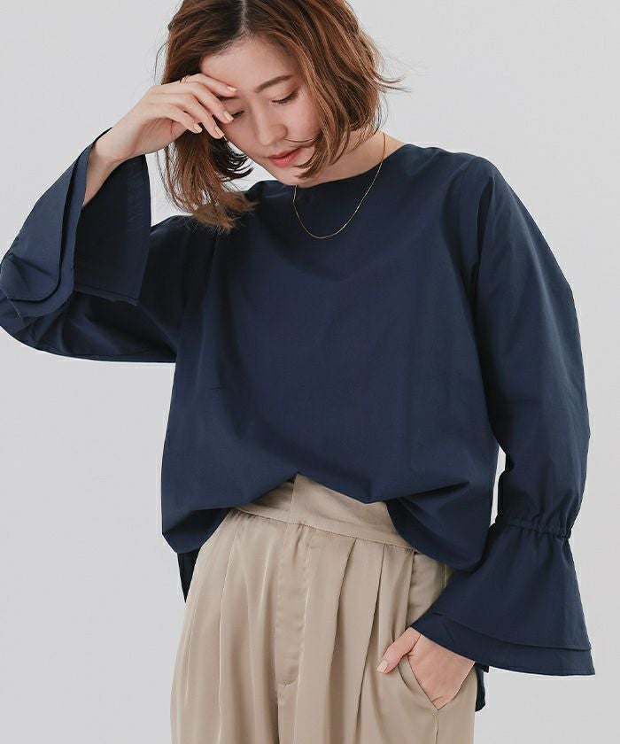 新品タグ付◉ レイヤードフレンチスリーブブラウス　NAVY オーガニックコットンタイプライターフレンチスリーブブラウス