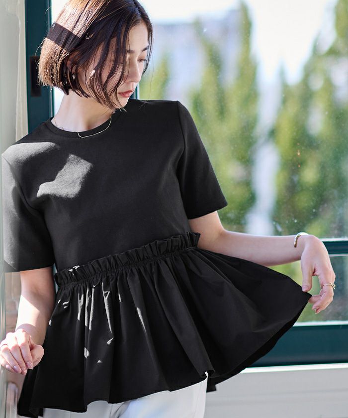 異素材ペプラムTシャツ （BLK） 異素材ペプラムTシャツ ペプラムT クルーネック 綿100％ ドット