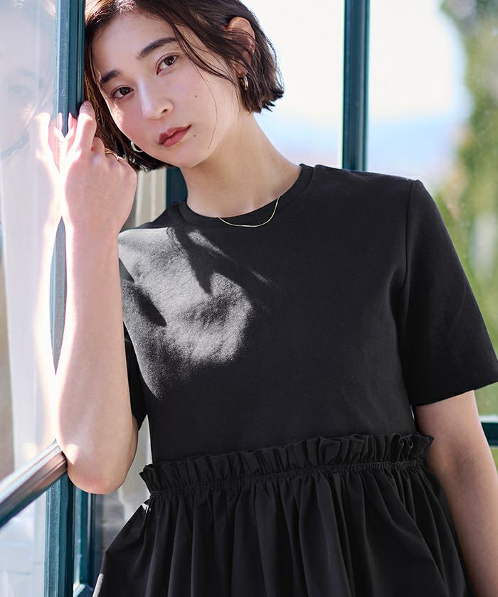 異素材ペプラムTシャツ （BLK） 異素材ペプラムTシャツ ペプラムT クルーネック 綿100％ ドット